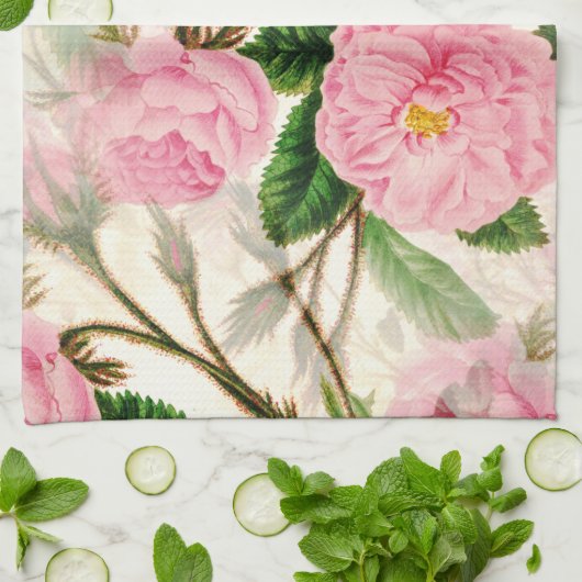 Pink Peony Flowers, Leaves & Buds Pattern Theedoek (Gevouwen)