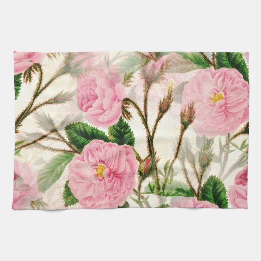 Pink Peony Flowers, Leaves & Buds Pattern Theedoek (Horizontaal)