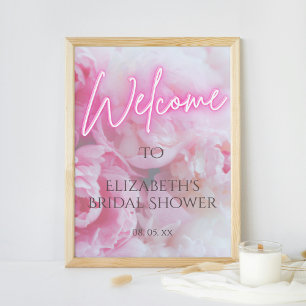 Pink Peony Flowers Neon Glow Welkom Vrijgezellenfe Poster