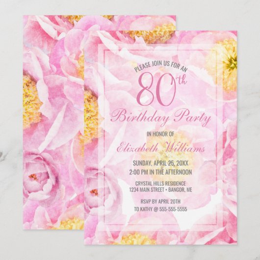 Pink Peony Flowers Waterverf 80ste verjaardagsfees Kaart (Voorkant / Achterkant)