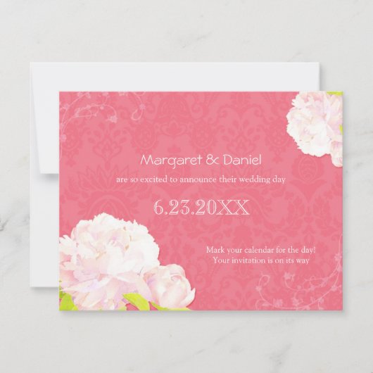 Pink Peony Garden Wedding Save the Date Kaart (Voorkant)