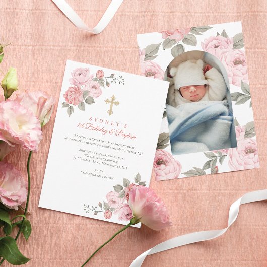 Pink Peony Gold Cross Baby's eerste verjaardag Bap Kaart