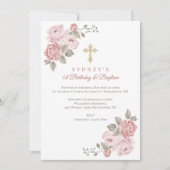 Pink Peony Gold Cross Baby's eerste verjaardag Bap Kaart (Voorkant)