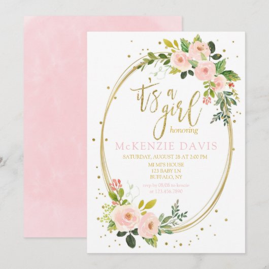 Pink Peony Gold Geometric Glitter Girl Baby shower Kaart (Voorkant / Achterkant)