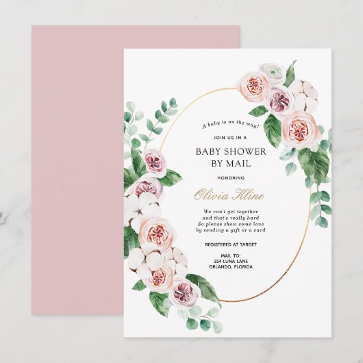 Pink Peony Gold Lijst Baby shower per Mail Kaart (Voorkant / Achterkant)
