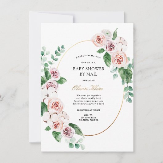 Pink Peony Gold Lijst Baby shower per Mail Kaart (Voorkant)