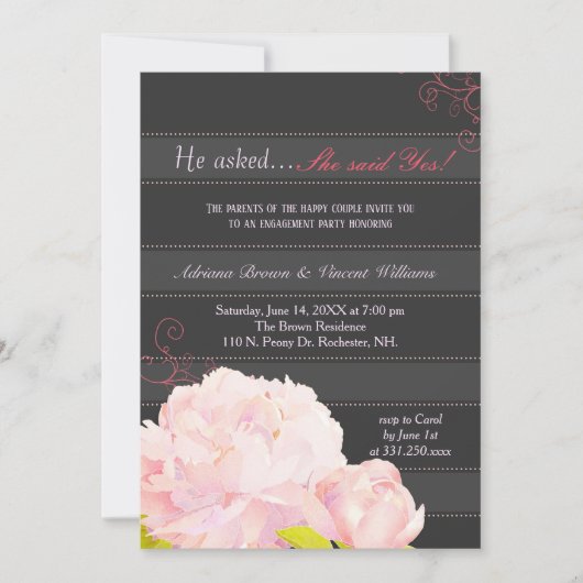 Pink Peony Gray Stripes Wedding Verloving Kaart (Voorkant)