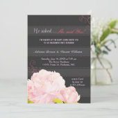Pink Peony Gray Stripes Wedding Verloving Kaart (Staand voorkant)