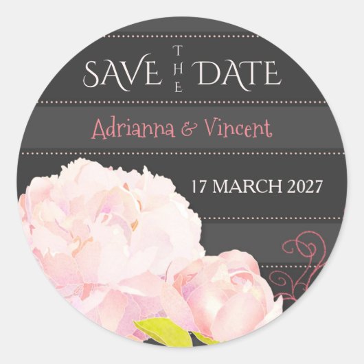 Pink Peony Grey Stripes Wedding Save the Date Ronde Sticker (Voorkant)