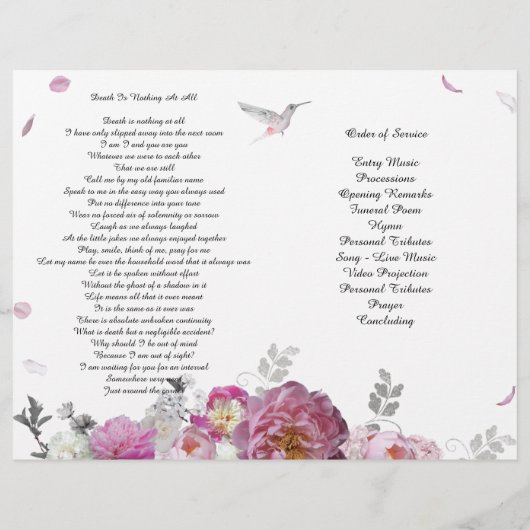 Pink Peony Hydrangea Hummingbird Funeral Programme Flyer (Achterkant)