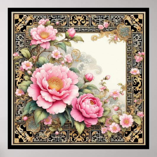  Pink Peony in een fancy Chinoiserie lijst Poster (Voorkant)