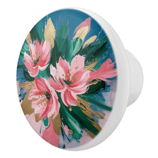 Pink Peony-Inspired Florals with Metallic Gold Tou Keramische Knop (Rechts)