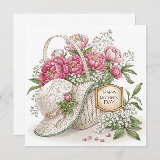 Pink Peony Moederdag Flat Aankondiging Kaart (Voorkant / Achterkant)