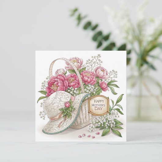 Pink Peony Moederdag Flat Aankondiging Kaart (Staand voorkant)