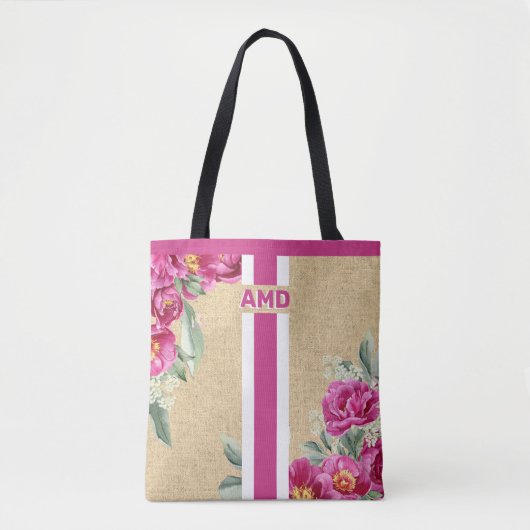Pink Peony Monogram Faux Burlap Jute Tote Bag (Voorkant)