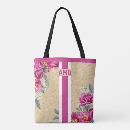 Pink Peony Monogram Faux Burlap Jute Tote Bag (Achterkant)