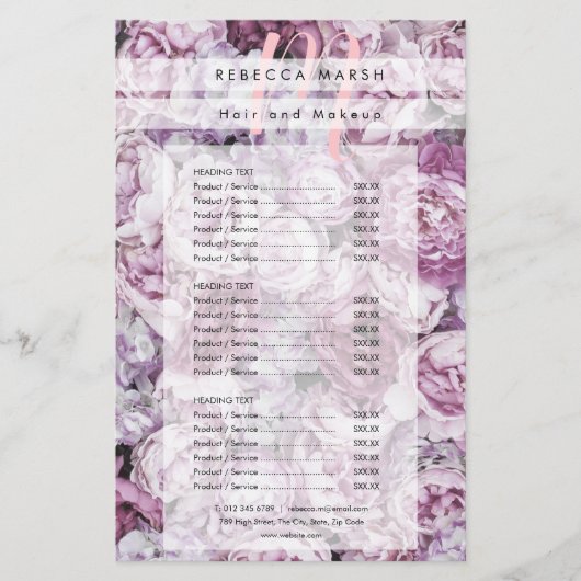 Pink Peony Monogram Salon Service Menu (Voorkant)