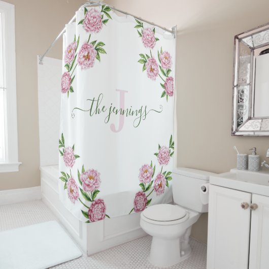 Pink Peony Monogrammed Shower Curtain Douchegordijn (In situ)