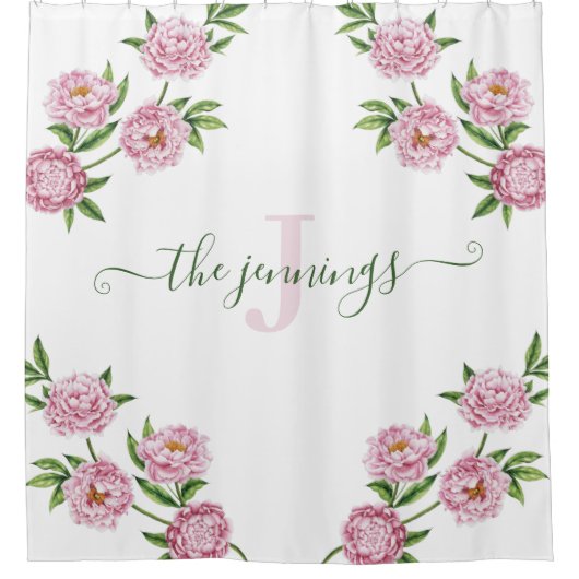 Pink Peony Monogrammed Shower Curtain Douchegordijn (Voorkant)