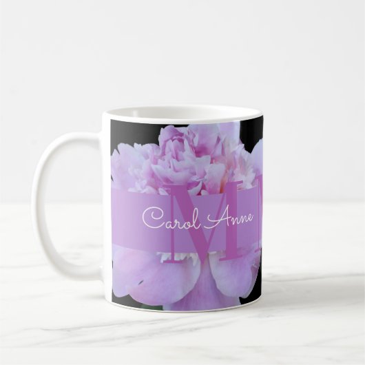 Pink Peony Paars Monogram Floral Black Koffiemok (Links)