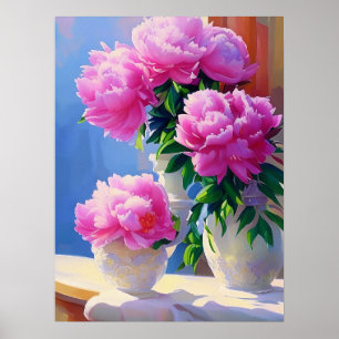 Pink Peony Painting, Peonies Flower Wall Art Poster