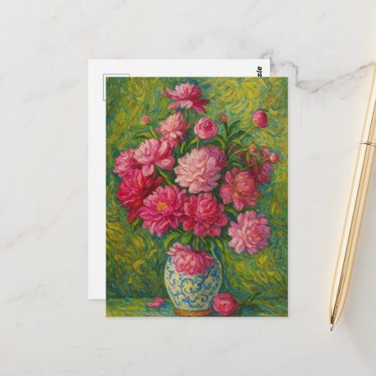 Pink Peony Postcard Briefkaart (Voorkant / Achterkant in situ)