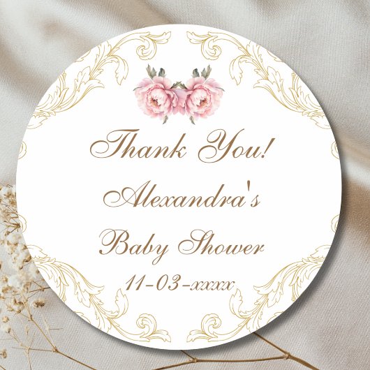 Pink Peony Rococo Floral Baby shower Bedankt Ronde Sticker