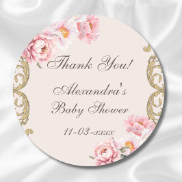 Pink Peony Rococo Floral Baby shower Bedankt Ronde Sticker