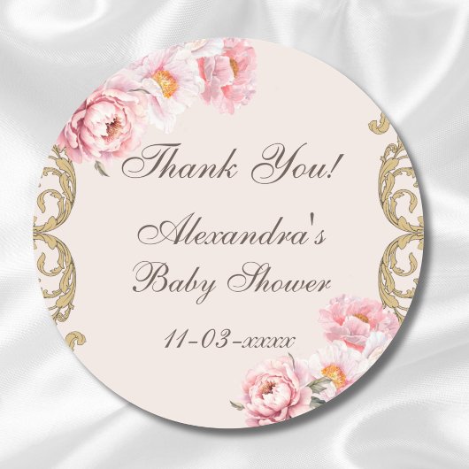 Pink Peony Rococo Floral Baby shower Bedankt Ronde Sticker