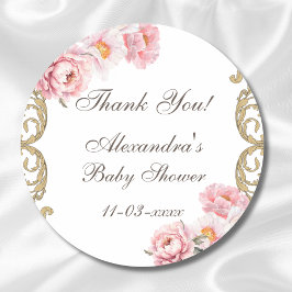 Pink Peony Rococo Floral Baby shower Bedankt Ronde Sticker
