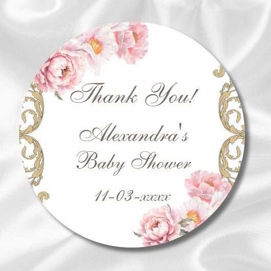 Pink Peony Rococo Floral Baby shower Bedankt Ronde Sticker
