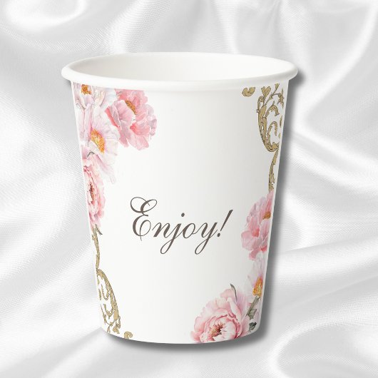 Pink Peony Rococo Floral Baby shower Papieren Bekers