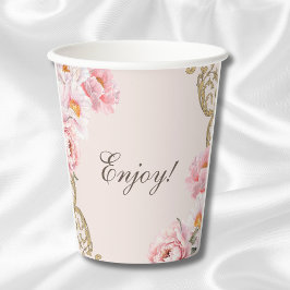 Pink Peony Rococo Floral Baby shower Papieren Bekers