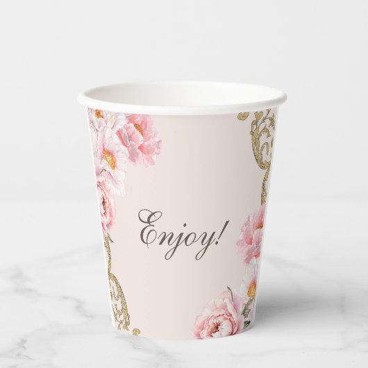 Pink Peony Rococo Floral Baby shower Papieren Bekers (Voorkant)