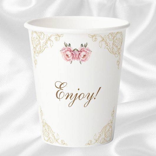 Pink Peony Rococo Flowers Baby shower Papieren Bekers