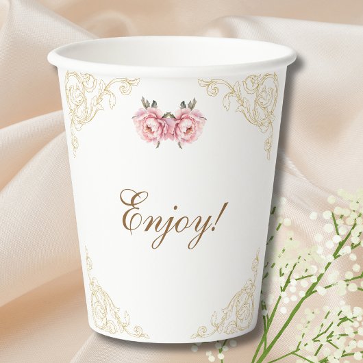 Pink Peony Rococo Flowers Baby shower Papieren Bekers