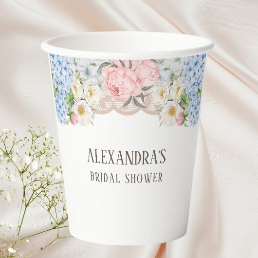 Pink Peony Romantic Blue Hydrangea Vrijgezellenfee Papieren Bekers