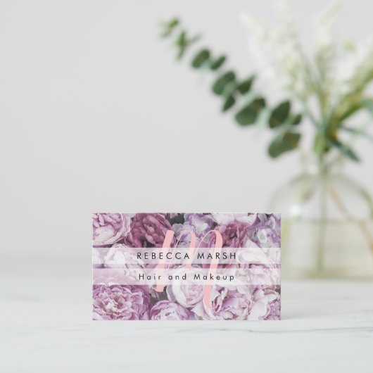 Pink Peony Rozen Floral Script Monogram Visitekaartje (Staand voorkant)