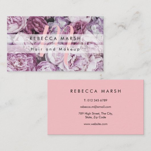 Pink Peony Rozen Floral Script Monogram Visitekaartje (Voorkant / Achterkant)