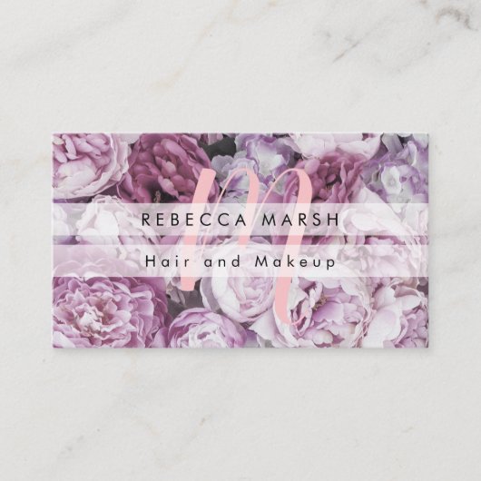 Pink Peony Rozen Floral Script Monogram Visitekaartje (Voorkant)