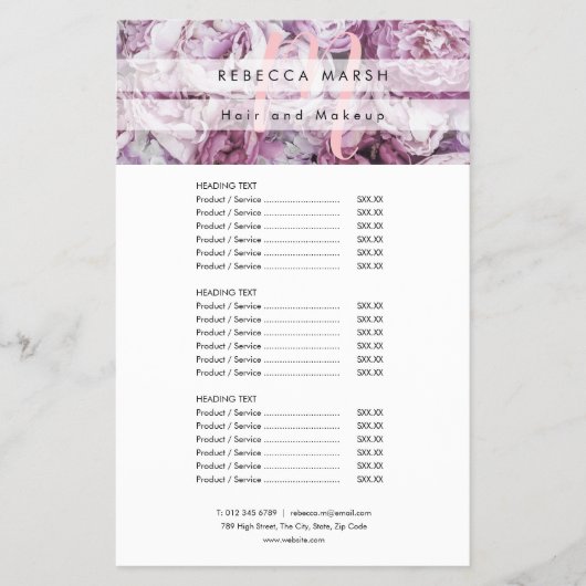 Pink Peony Script Monogram Salon Service Menu (Voorkant)
