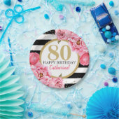 Pink Peony Striped Milestone Birthday Papieren Bordje (Feest)