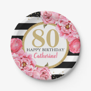 Pink Peony Striped Milestone Birthday Papieren Bordje