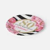 Pink Peony Striped Milestone Birthday Papieren Bordje (Gekanteld)