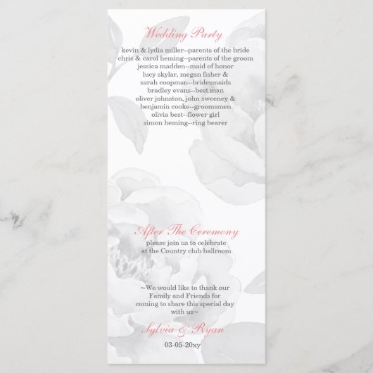 Pink Peony Tea length trouwprogramma's Programmakaart (Achterkant)