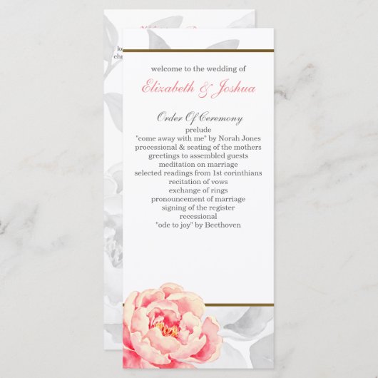 Pink Peony Tea length trouwprogramma's Programmakaart (Voorkant / Achterkant)