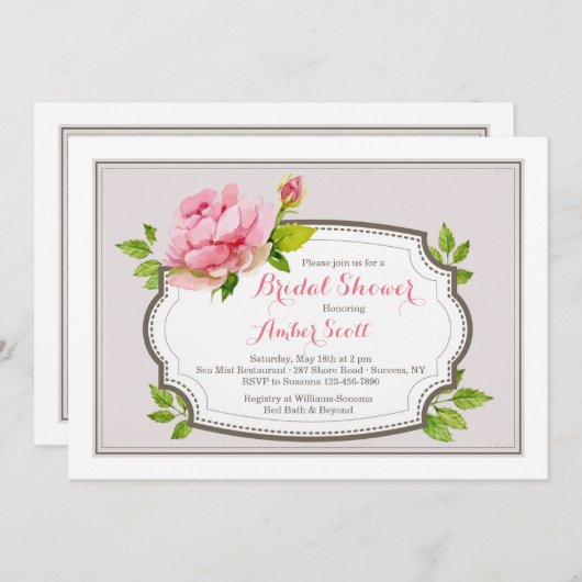 Pink Peony Uitnodiging (Voorkant / Achterkant)