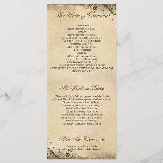 Pink Peony Vintage Wedding Programma's (Achterkant)