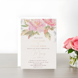Pink Peony Waterverf Boho Wedding Invitation Folie Feestdagenkaart