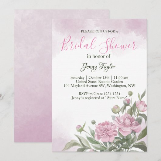 Pink Peony Waterverf Bridal Shower Invitation Kaart (Voorkant / Achterkant)